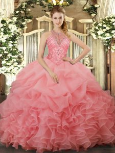 Watermelon Red Vestidos de Quinceanera Military Ball and Sweet 16 and Quinceanera with Beading and Ruffles and Pick Ups Halter Top Sleeveless Lace Up