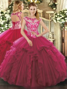 Cute Fuchsia Ball Gowns Organza Scoop Sleeveless Beading and Ruffles Floor Length Lace Up 15 Quinceanera Dress