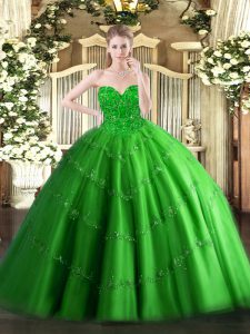 Fashionable Floor Length Green 15th Birthday Dress Tulle Sleeveless Appliques