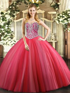 Floor Length Ball Gowns Sleeveless Coral Red Ball Gown Prom Dress Lace Up