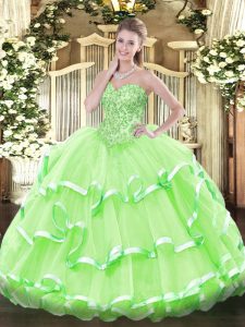 New Arrival Sleeveless Floor Length Appliques and Ruffled Layers Lace Up Quinceanera Dresses