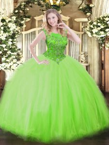 Romantic Ball Gowns Tulle Scoop Sleeveless Beading Floor Length Zipper Quince Ball Gowns