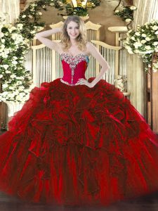 Trendy Wine Red Ball Gowns Organza Sweetheart Sleeveless Beading and Ruffles Floor Length Lace Up Quinceanera Dress