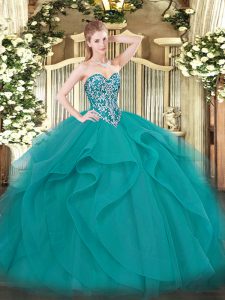 Beautiful Floor Length Teal 15 Quinceanera Dress Tulle Sleeveless Beading and Ruffles