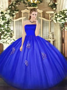 Customized Tulle Strapless Sleeveless Zipper Appliques Sweet 16 Dresses in Blue