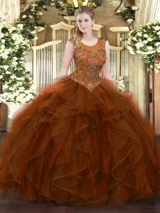 Sumptuous Sleeveless Floor Length Beading and Ruffles Zipper Quince Ball Gowns with Brown