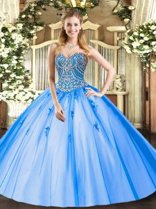 Hot Selling Blue Sleeveless Beading and Appliques Floor Length Sweet 16 Quinceanera Dress