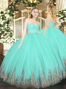 Top Selling Floor Length Apple Green Sweet 16 Dress Tulle Sleeveless Beading and Lace and Appliques