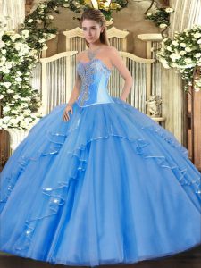 Baby Blue Lace Up Sweetheart Beading and Ruffles Vestidos de Quinceanera Tulle Sleeveless