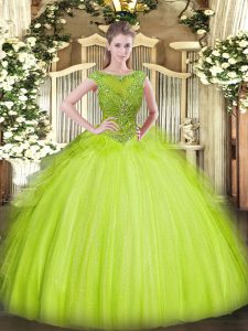 On Sale Yellow Green Tulle Zipper Scoop Sleeveless Floor Length Ball Gown Prom Dress Beading