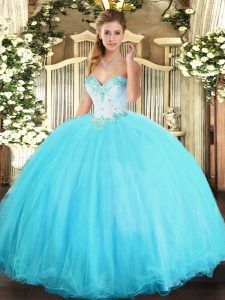 Fancy Aqua Blue Vestidos de Quinceanera Military Ball and Sweet 16 and Quinceanera with Beading Sweetheart Sleeveless Lace Up