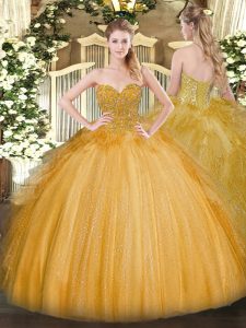 Clearance Gold Ball Gowns Sweetheart Sleeveless Tulle Floor Length Lace Up Lace Quinceanera Dresses