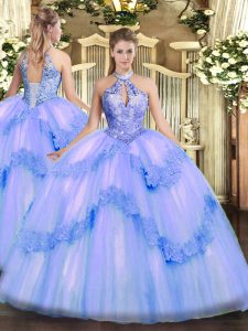 Ideal Blue Ball Gowns Appliques and Sequins Quinceanera Gowns Lace Up Tulle Sleeveless Floor Length