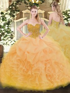 Sweetheart Sleeveless Quinceanera Gown Floor Length Beading and Ruffles Gold Organza