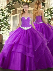 Gorgeous Purple Quinceanera Dress Military Ball and Sweet 16 and Quinceanera with Appliques and Ruffled Layers Sweetheart Sleeveless Lace Up