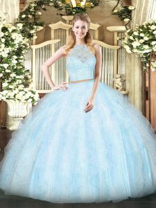 Sleeveless Floor Length Lace and Ruffles Zipper Quinceanera Dresses with Light Blue