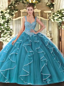 Customized Teal Ball Gowns Beading Quinceanera Dresses Lace Up Tulle Sleeveless Floor Length