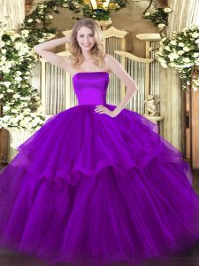 Fashionable Purple Zipper Ball Gown Prom Dress Ruffled Layers Sleeveless Brush Train