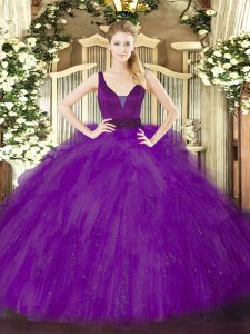 Purple Zipper Quince Ball Gowns Beading and Ruffles Sleeveless Floor Length