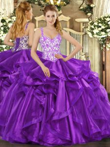 Dazzling Beading and Appliques and Ruffles Quince Ball Gowns Eggplant Purple Lace Up Sleeveless Floor Length