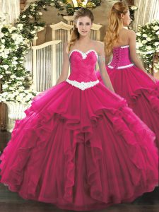 Organza Sweetheart Sleeveless Lace Up Appliques and Ruffles Sweet 16 Dress in Hot Pink