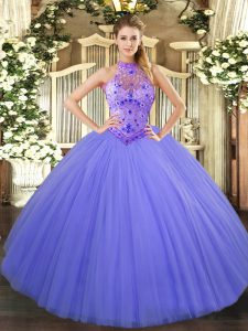 Lavender Tulle Lace Up Sweet 16 Quinceanera Dress Sleeveless Floor Length Beading and Embroidery