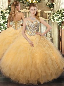 Sweetheart Sleeveless Sweet 16 Dresses Floor Length Beading and Ruffles Gold Tulle