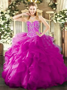 Fuchsia Ball Gowns Beading and Ruffles Ball Gown Prom Dress Lace Up Organza Sleeveless Floor Length