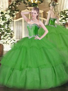 Suitable Green Ball Gowns Tulle Sweetheart Sleeveless Beading and Ruffled Layers Floor Length Lace Up Sweet 16 Dresses