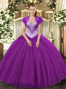 Cute Eggplant Purple Lace Up Sweetheart Beading and Sequins Quinceanera Dress Tulle Sleeveless