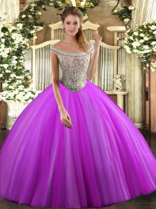 Fuchsia Sleeveless Tulle Lace Up Vestidos de Quinceanera for Sweet 16 and Quinceanera