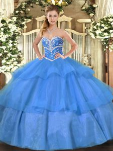 Blue Tulle Lace Up Ball Gown Prom Dress Sleeveless Floor Length Beading and Ruffled Layers