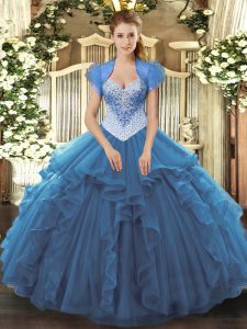 Blue Sleeveless Beading Floor Length Quinceanera Gowns