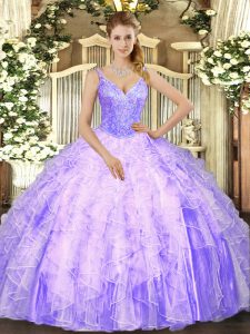 Superior Lavender Lace Up V-neck Beading and Ruffles Vestidos de Quinceanera Tulle Sleeveless