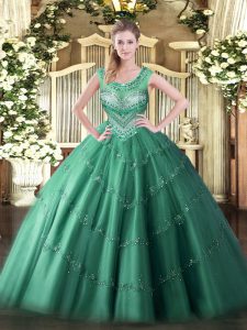 Super Ball Gowns Vestidos de Quinceanera Dark Green Scoop Tulle Sleeveless Floor Length Lace Up