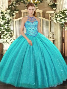 Edgy Aqua Blue Sleeveless Floor Length Beading and Embroidery Lace Up Quince Ball Gowns