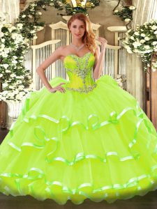 Popular Sleeveless Lace Up Floor Length Beading and Ruffled Layers Sweet 16 Dresses