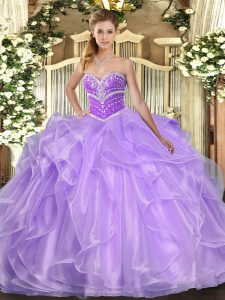 Lavender Lace Up Sweetheart Beading and Ruffles Quince Ball Gowns Organza Sleeveless