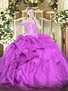 Beautiful Lilac Off The Shoulder Neckline Beading and Ruffles Sweet 16 Quinceanera Dress Sleeveless Lace Up