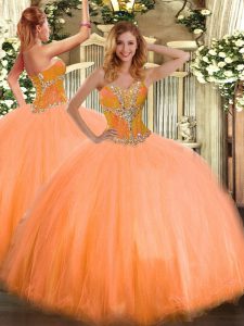 Trendy Orange Tulle Lace Up Quinceanera Dress Sleeveless Floor Length Beading