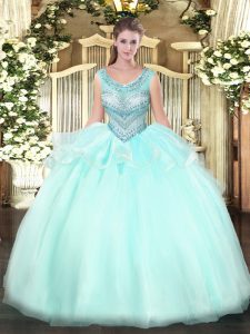 Aqua Blue Sleeveless Floor Length Beading Lace Up Vestidos de Quinceanera