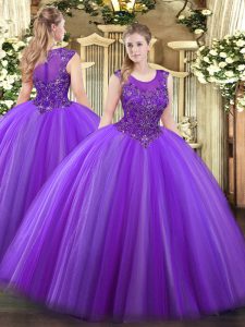 Delicate Sleeveless Floor Length Beading Zipper Sweet 16 Quinceanera Dress with Eggplant Purple