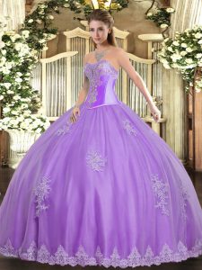 Lavender Ball Gowns Sweetheart Sleeveless Tulle Floor Length Lace Up Beading and Appliques 15 Quinceanera Dress