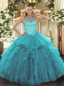 Teal Lace Up 15 Quinceanera Dress Beading and Embroidery and Ruffles Sleeveless Floor Length