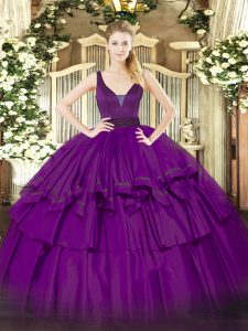 Floor Length Purple Quinceanera Gowns Organza Sleeveless Beading and Ruffled Layers