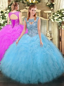 Nice Scoop Sleeveless Tulle Ball Gown Prom Dress Beading and Ruffles Lace Up