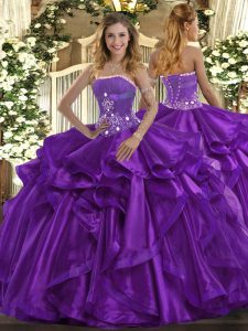 Clearance Purple Ball Gowns Organza Strapless Sleeveless Beading and Ruffles Floor Length Lace Up Vestidos de Quinceanera