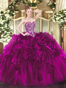 Beading and Ruffles Quinceanera Dress Fuchsia Lace Up Sleeveless Floor Length