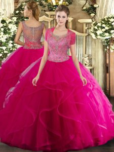 Fashionable Floor Length Clasp Handle Ball Gown Prom Dress Hot Pink for Military Ball and Sweet 16 and Quinceanera with Beading and Ruffled Layers