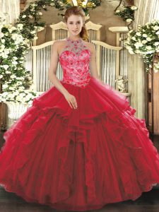 Extravagant Organza Halter Top Sleeveless Lace Up Beading and Embroidery and Ruffles 15th Birthday Dress in Coral Red